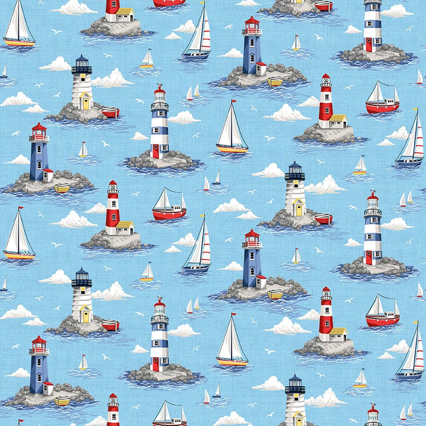 Fabric Seaside beach huts and lighthouses on red cotton fabric- Nautical by Makower