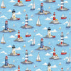 Fabric Seaside beach huts and lighthouses on red cotton fabric- Nautical by Makower