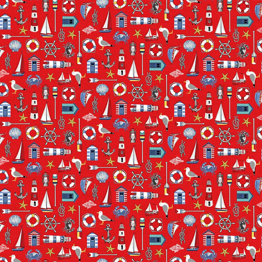 Fabric Seaside beach huts and lighthouses on red cotton fabric- Nautical by Makower