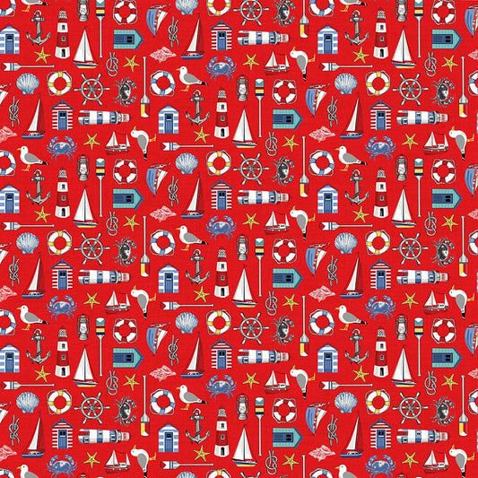Fabric Seaside beach huts and lighthouses on red cotton fabric- Nautical by Makower