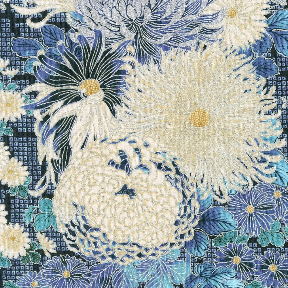 fabric Silver & blue floral cotton fabric - Imperial Collection 18 by Robert Kaufman