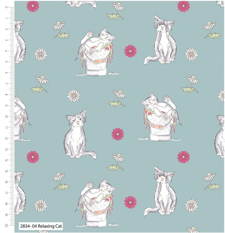 Fabric Sleeping cats in floral bucket on light green cotton fabric - Craft Cotton Co.