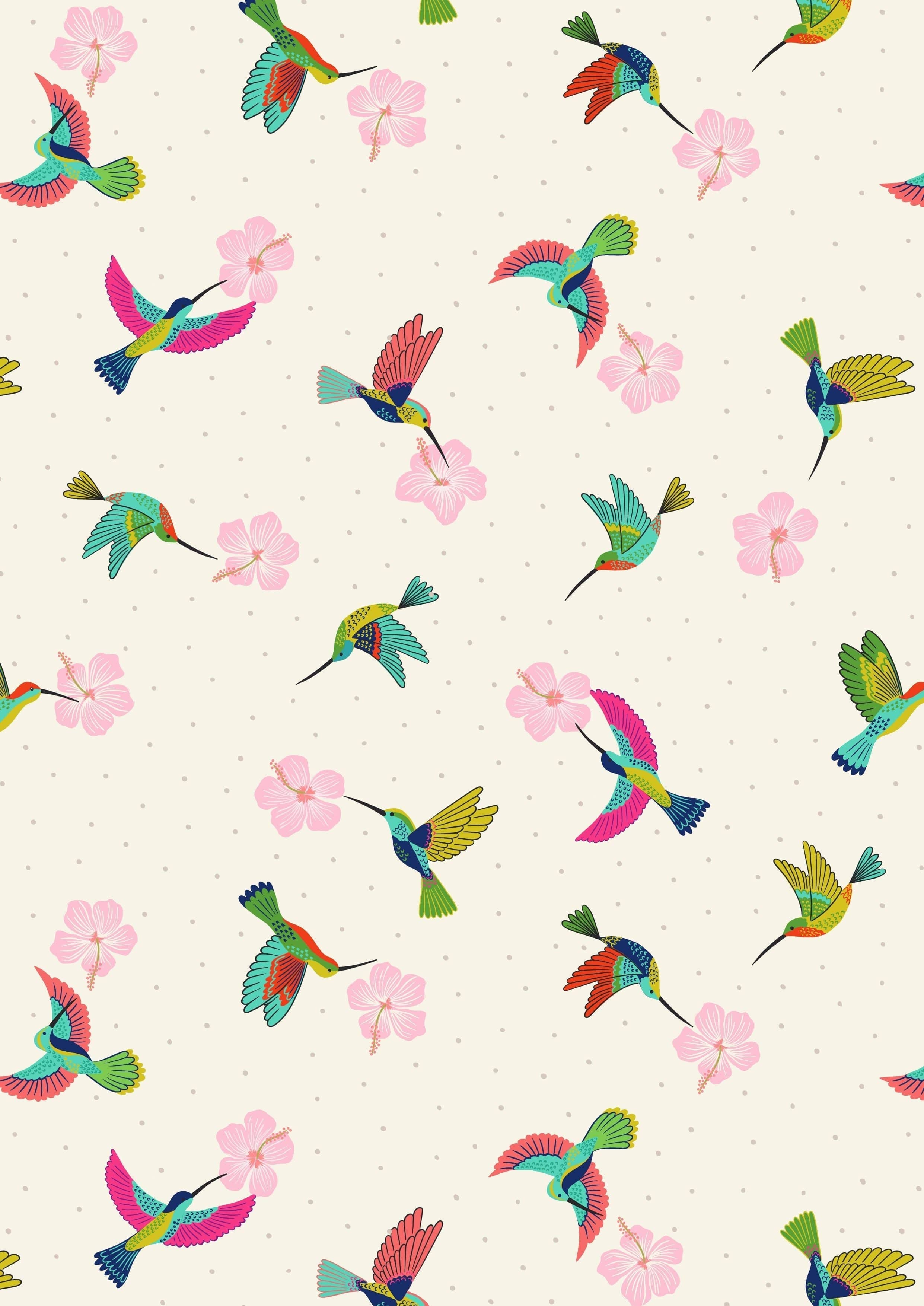 Fabric Small hummingbirds on lime green cotton 'Hibiscus Hummingbird'-Lewis & Irene