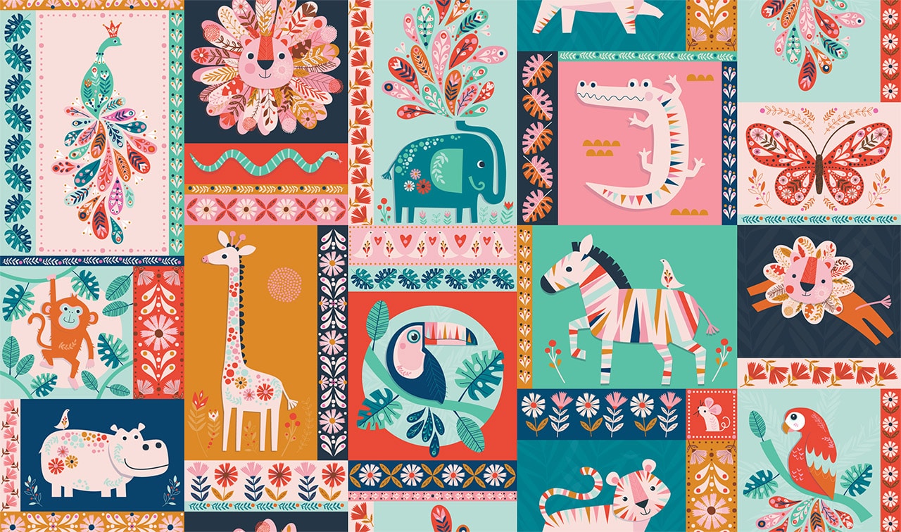 Fabric Snakes & Colourful Jungle Leaves on Light Pink cotton fabric - Dandelion Jungle by Dashwood Studio