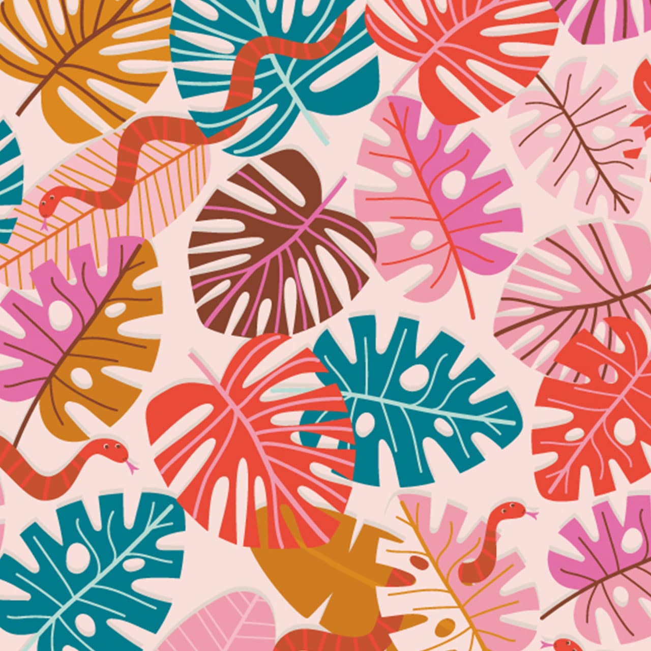 Fabric Snakes & Colourful Jungle Leaves on Light Pink cotton fabric - Dandelion Jungle by Dashwood Studio