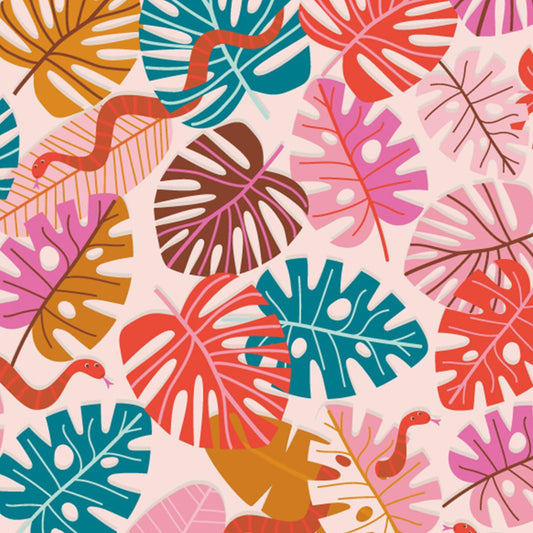 Fabric Snakes & Colourful Jungle Leaves on Light Pink cotton fabric - Dandelion Jungle by Dashwood Studio