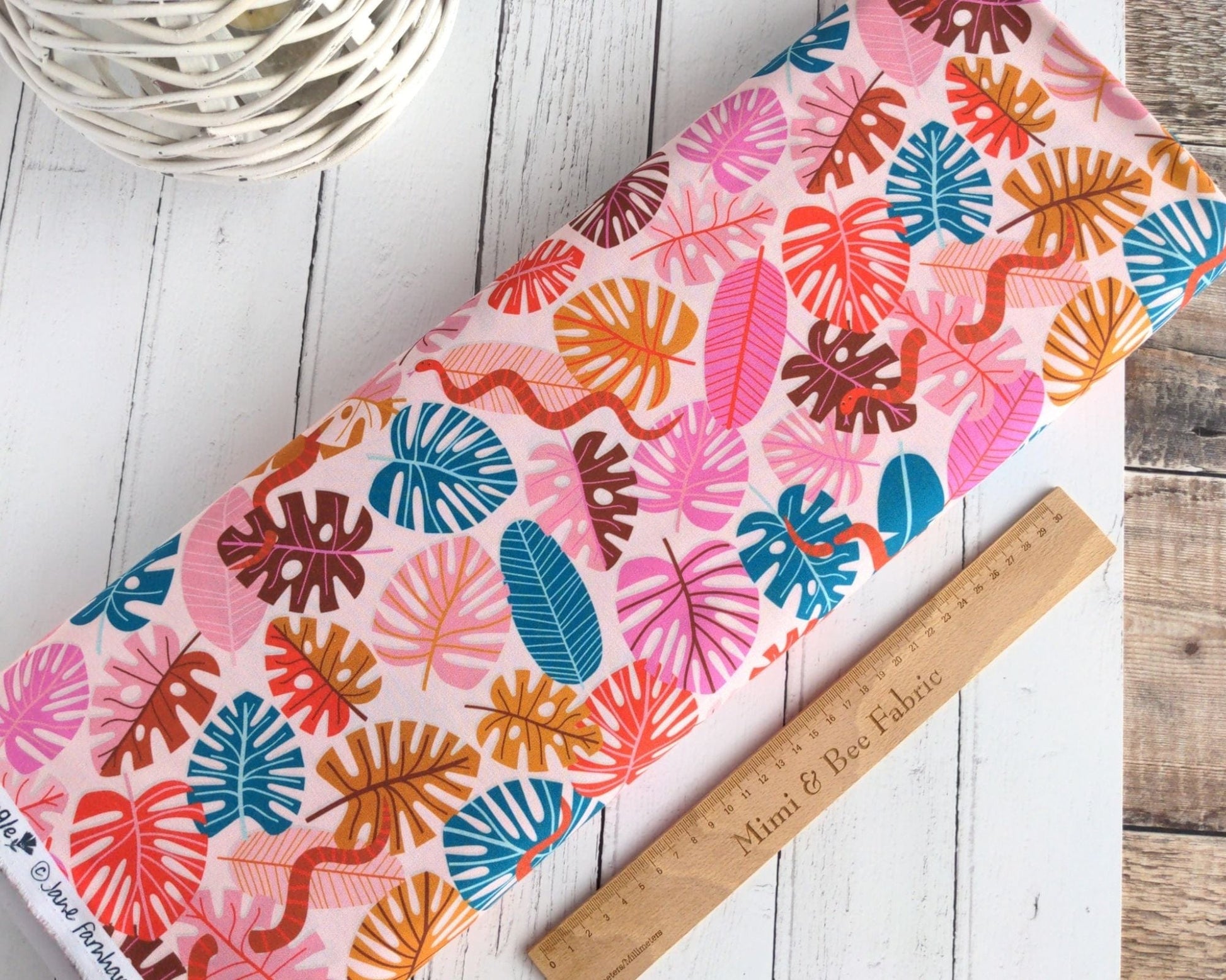 Fabric Snakes & Colourful Jungle Leaves on Light Pink cotton fabric - Dandelion Jungle by Dashwood Studio