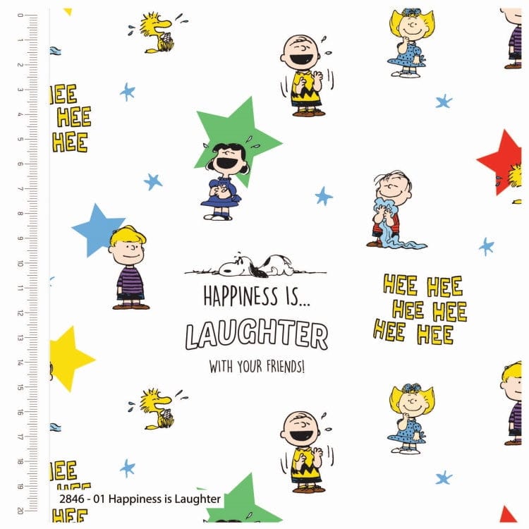Fabric Snoopy Dog 'Happiness Is Laughter' white cotton fabric - TheCraftCottonCo