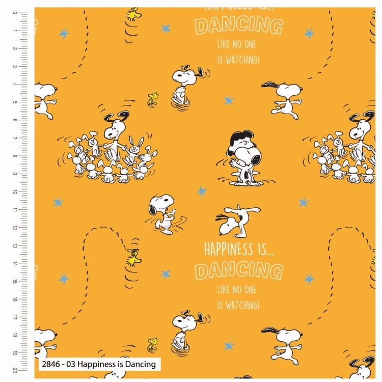 Fabric Snoopy Dog 'Happiness Is Laughter' white cotton fabric - TheCraftCottonCo
