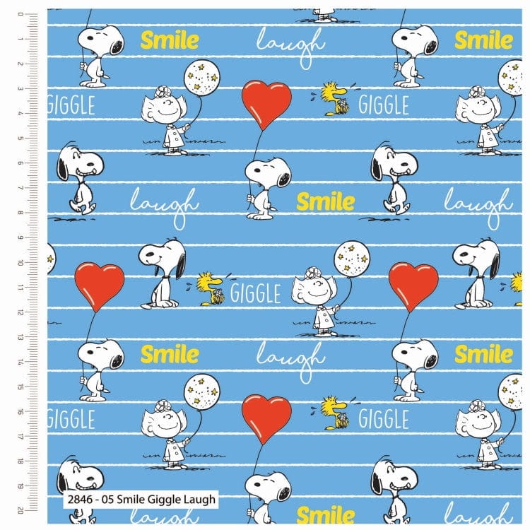 Fabric Snoopy Dog 'Happiness Is Laughter' white cotton fabric - TheCraftCottonCo