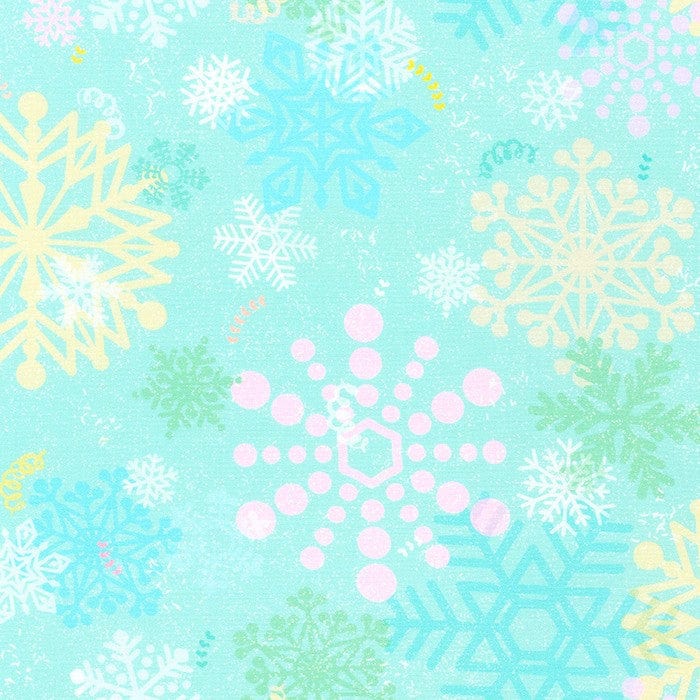 Fabric Snowflakes and sky on a green cotton fabric - Robert Kaufman