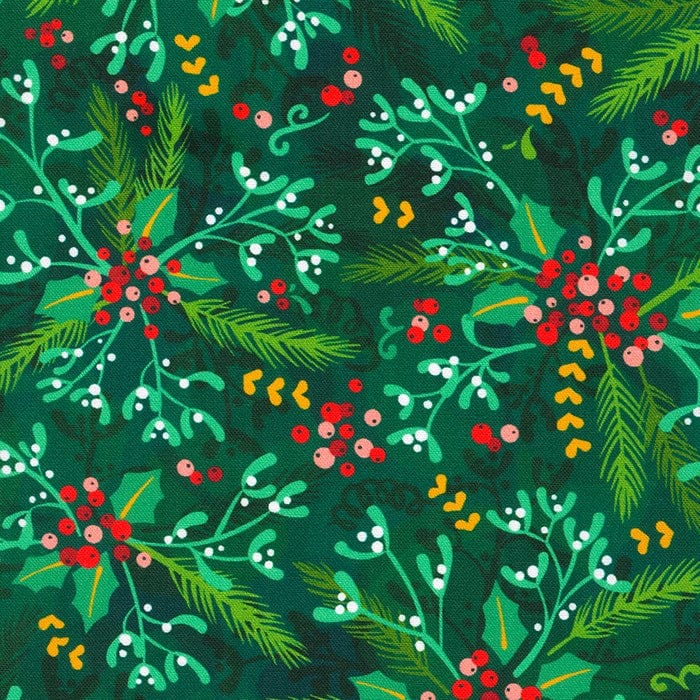 Fabric Snowflakes and sky on a green cotton fabric - Robert Kaufman