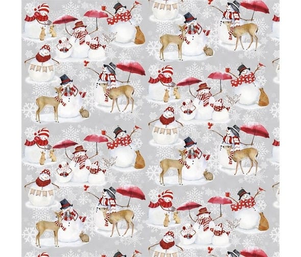 Fabric Snowmen deer rabbits foxes snowflakes on grey cotton quilting fabric - Welcome Winter by Henry Glass