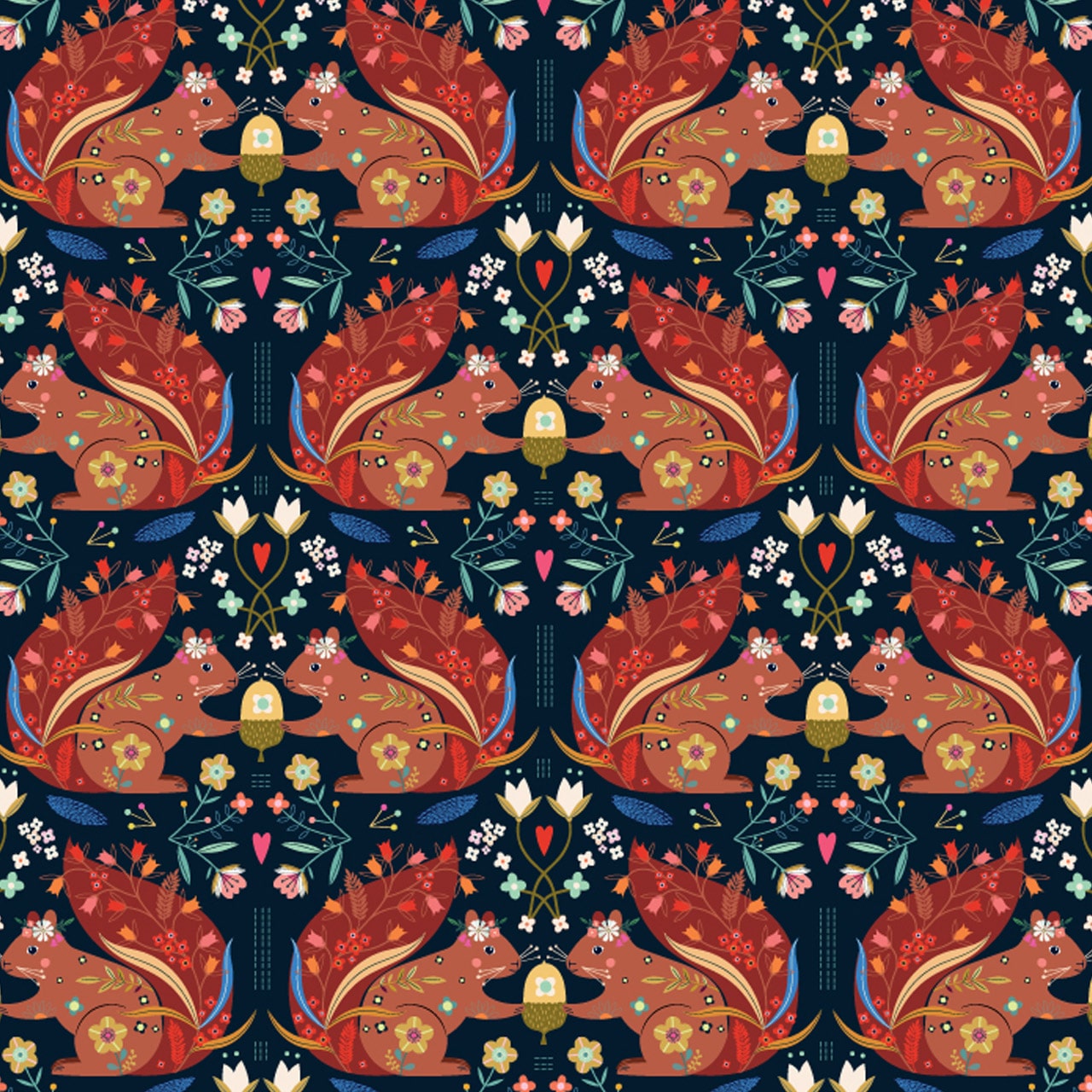 Fabric Squirrels on black cotton fabric - Animal Magic - Dashwood Studio
