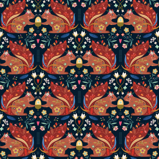 Fabric Squirrels on black cotton fabric - Animal Magic - Dashwood Studio