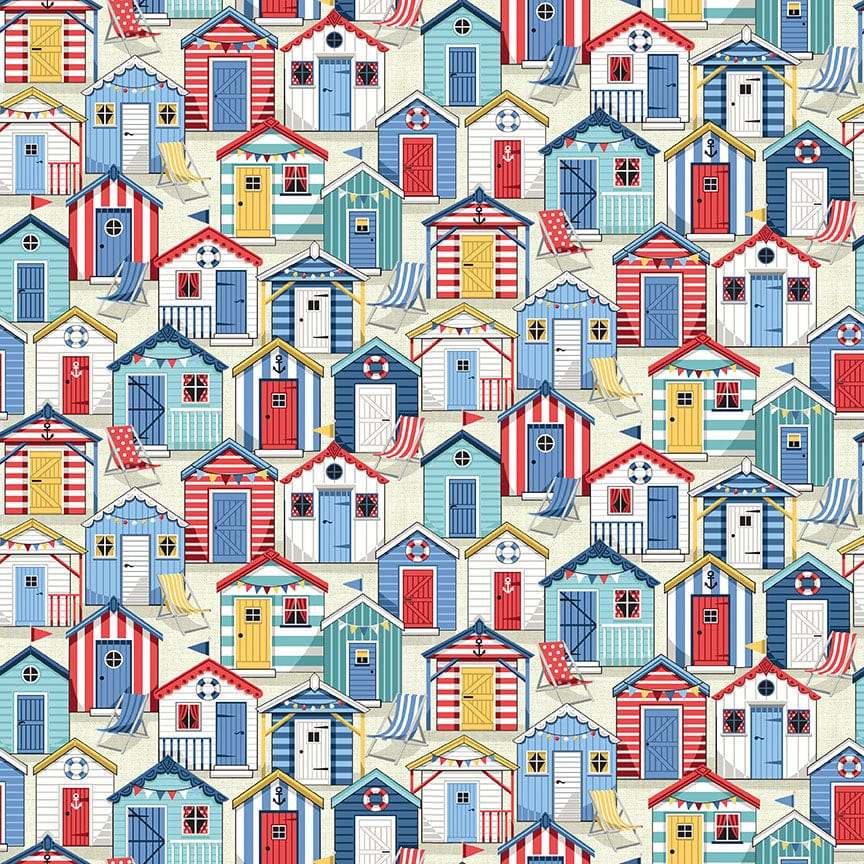 Fabric Striped Beach Huts on cream cotton fabric- Nautical by Makower