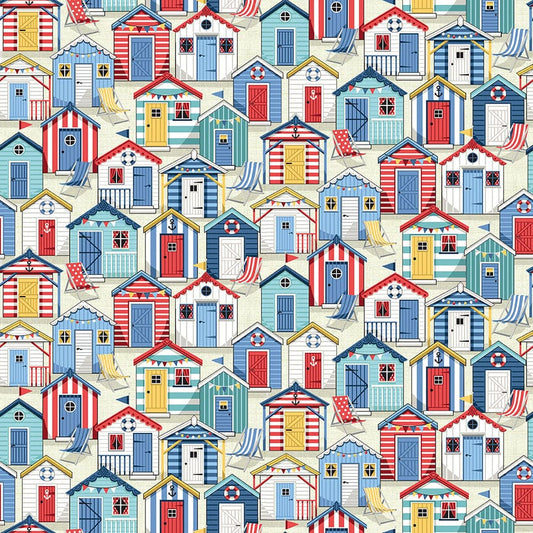 Fabric Striped Beach Huts on cream cotton fabric- Nautical by Makower