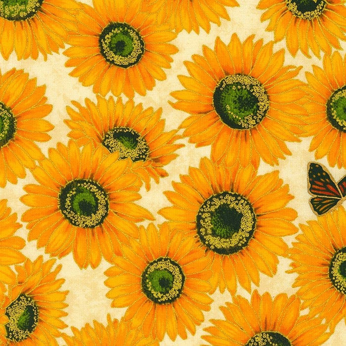 Fabric Sunflowers Butterflies Gold Metallic on Cream cotton fabric - Shades of the Season by Robert Kaufman