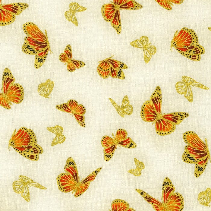 Fabric Sunflowers Butterflies Gold Metallic on Cream cotton fabric - Shades of the Season by Robert Kaufman