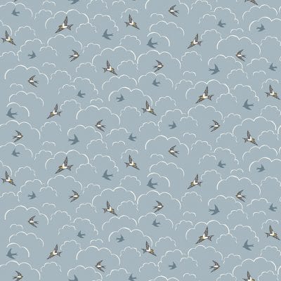 Fabric Swallows birds in the clouds light blue 100% cotton - Heather and Sage by Makower