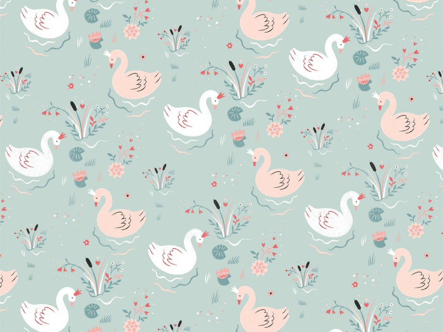 Fabric Swans on pale blue green cotton fabric - Studio E