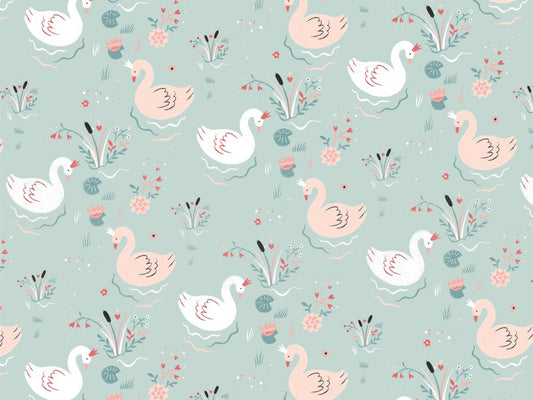 Fabric Swans on pale blue green cotton fabric - Studio E