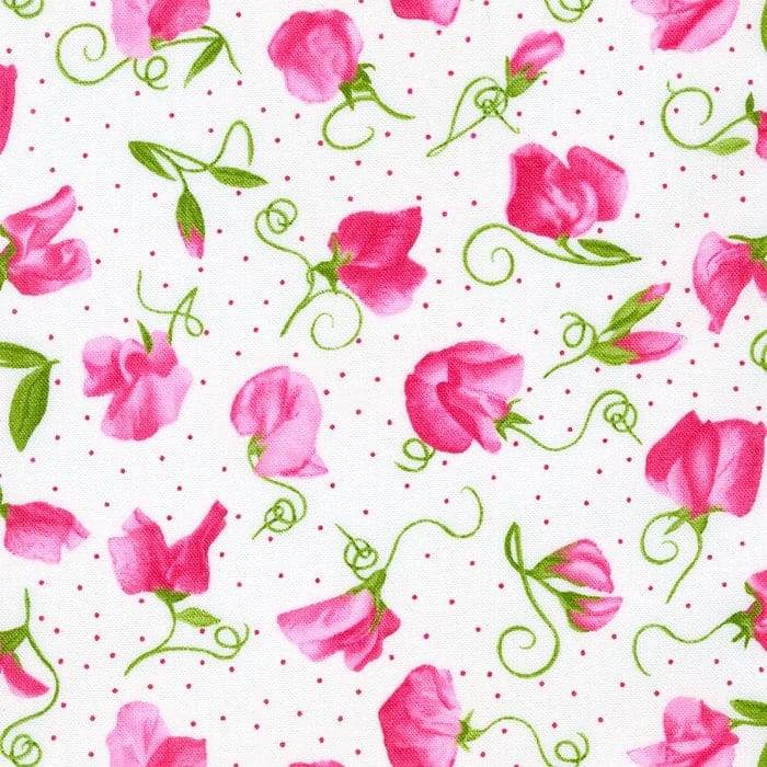 Fabric Sweet Pea Green Vines natural white cotton fabric - 'Flowerhouse' by Robert Kaufman