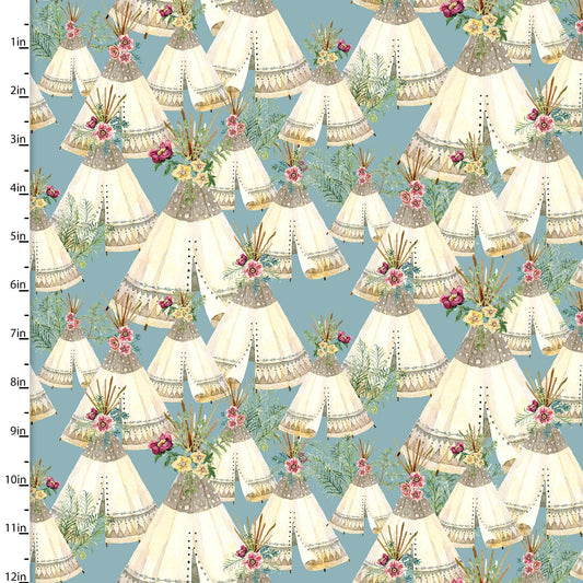 Fabric Tepees on blue cotton fabric - 3 Wishes