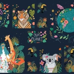 Fabric Tigers and jungle animals cotton fabric panel - 'Our Planet' Dashwood Studio