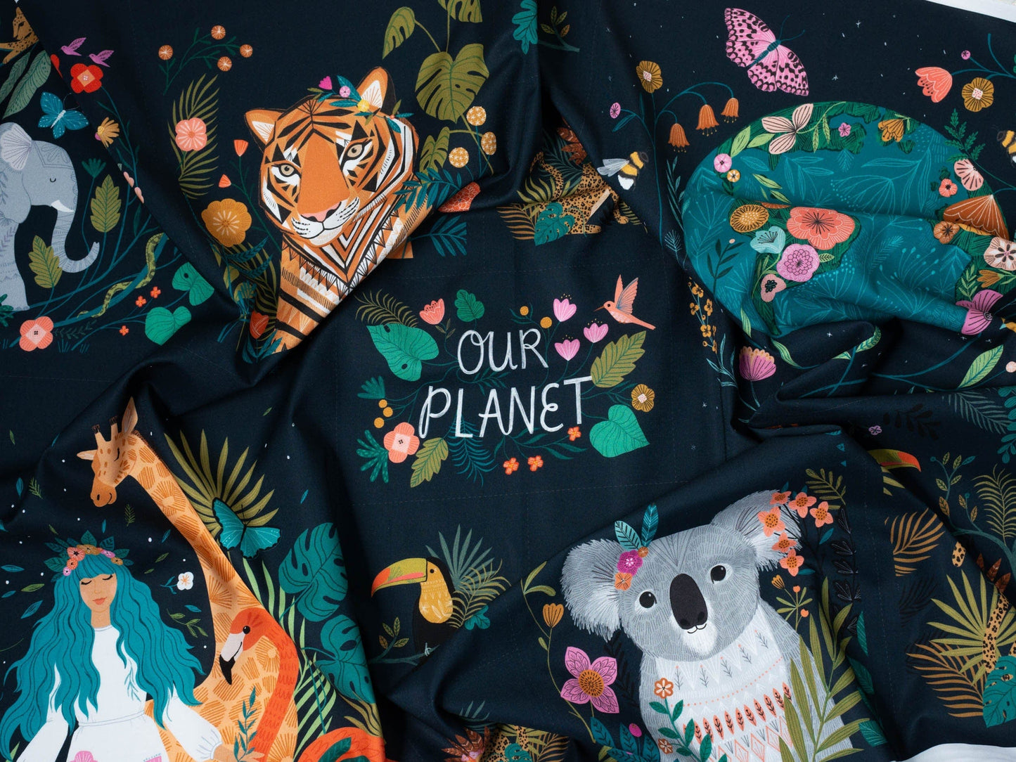 Fabric Tigers and jungle animals cotton fabric panel - 'Our Planet' Dashwood Studio