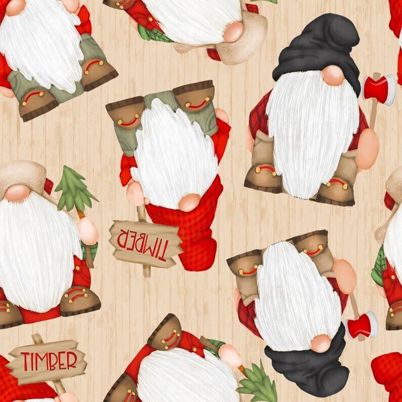 Fabric Timber lumberjack gnomies on wood grain effect cotton fabric - Timber Gnomies - Henry Glass