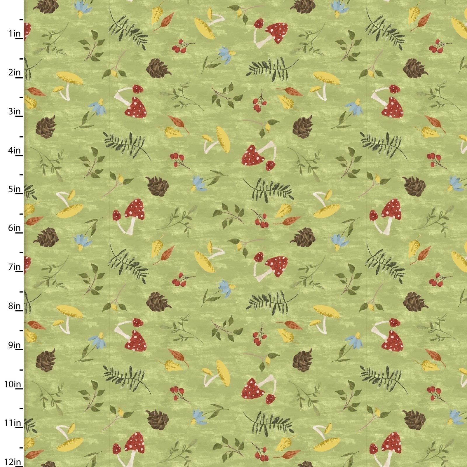 Fabric Toadstools and forest foliage on green cotton - You Light my way gnome - 3 Wishes