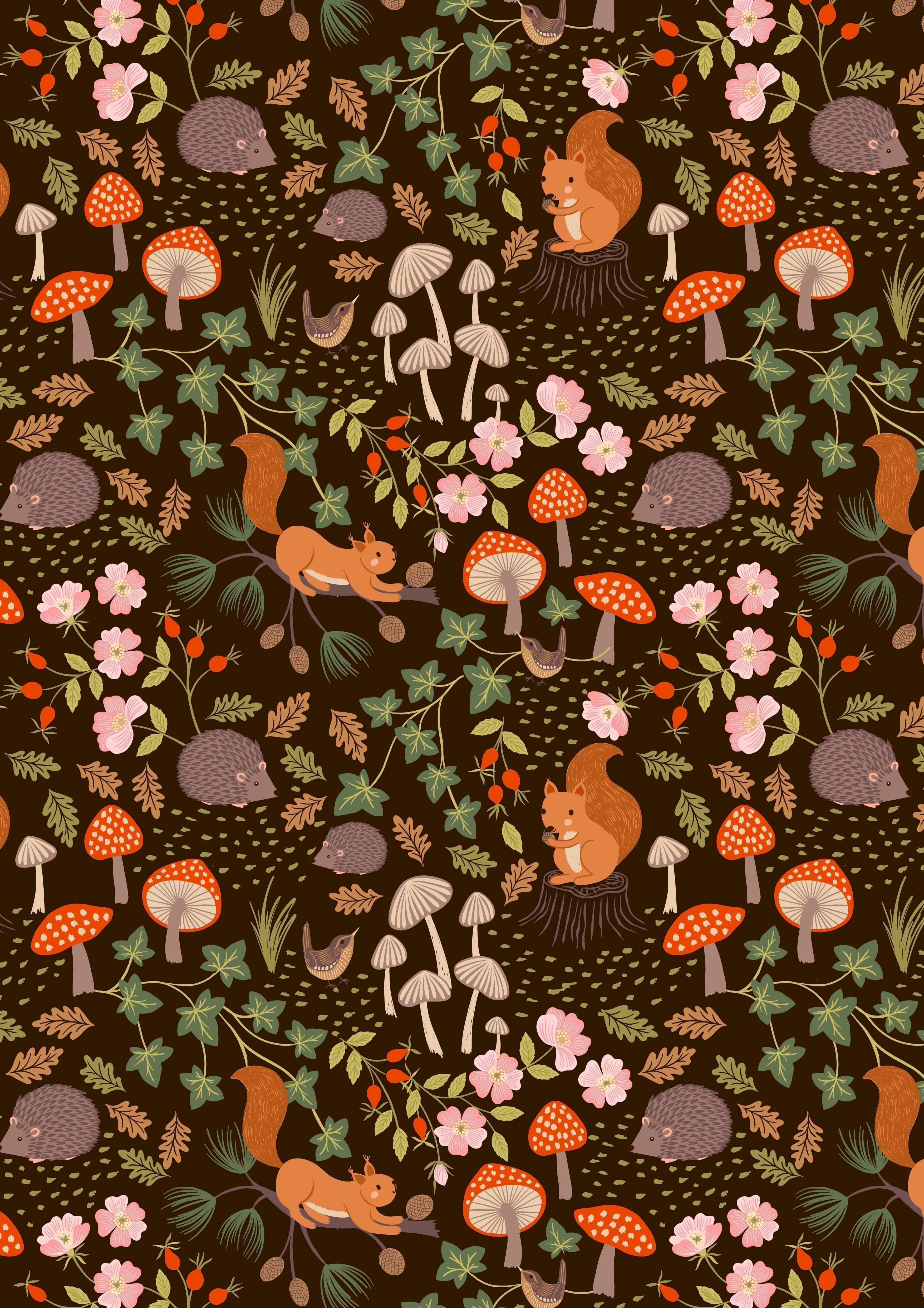 Fabric Toadstools on brown cotton fabric - Evergreen - Lewis & Irene