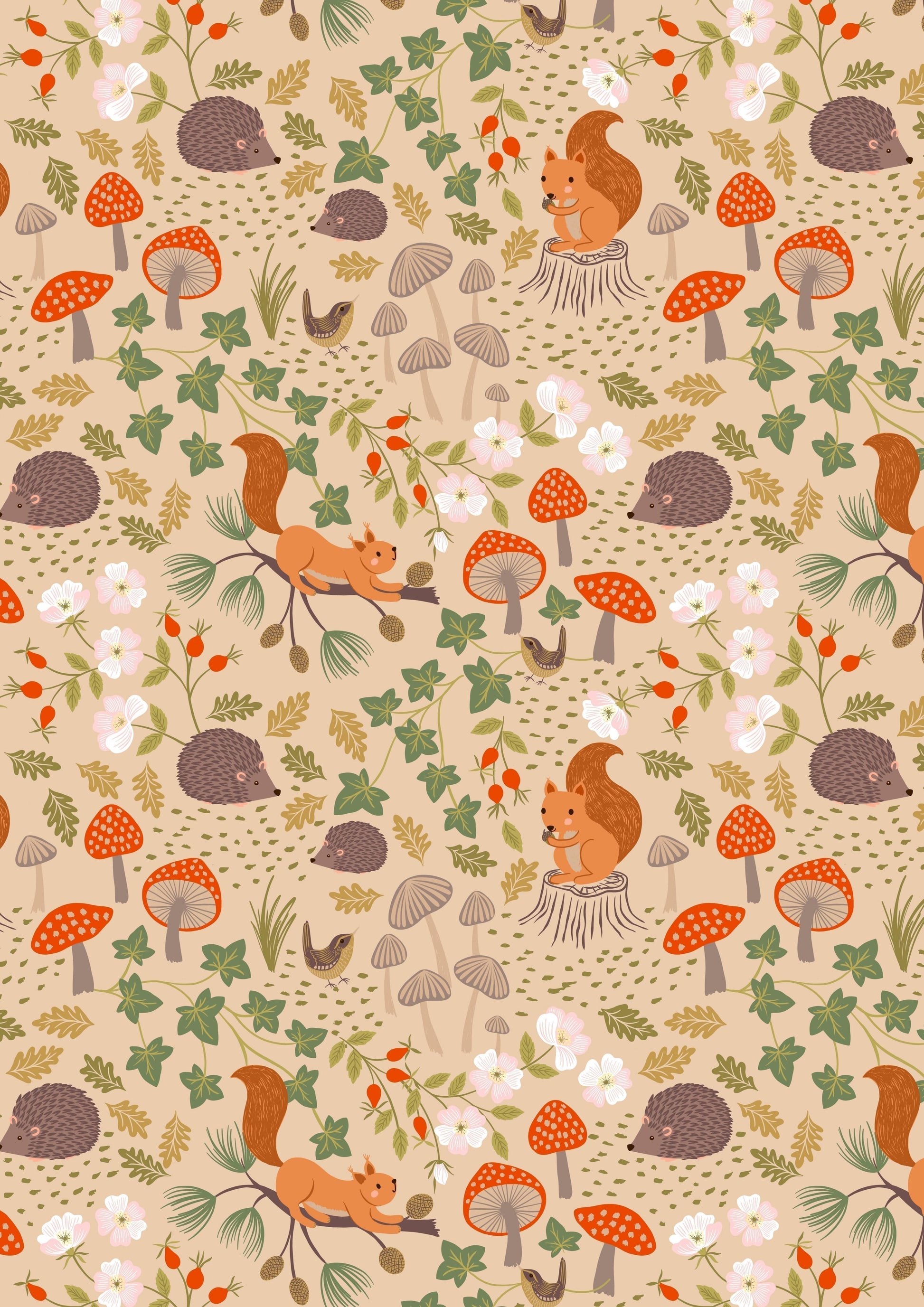 Fabric Toadstools on rust cotton fabric - Evergreen - Lewis & Irene
