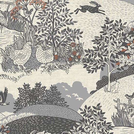 Fabric Trees and forest animals on cream cotton fabric - 'Hedgerow' Makower