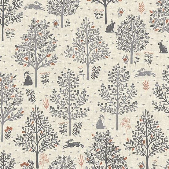 Fabric Trees and forest animals on cream cotton fabric - 'Hedgerow' Makower