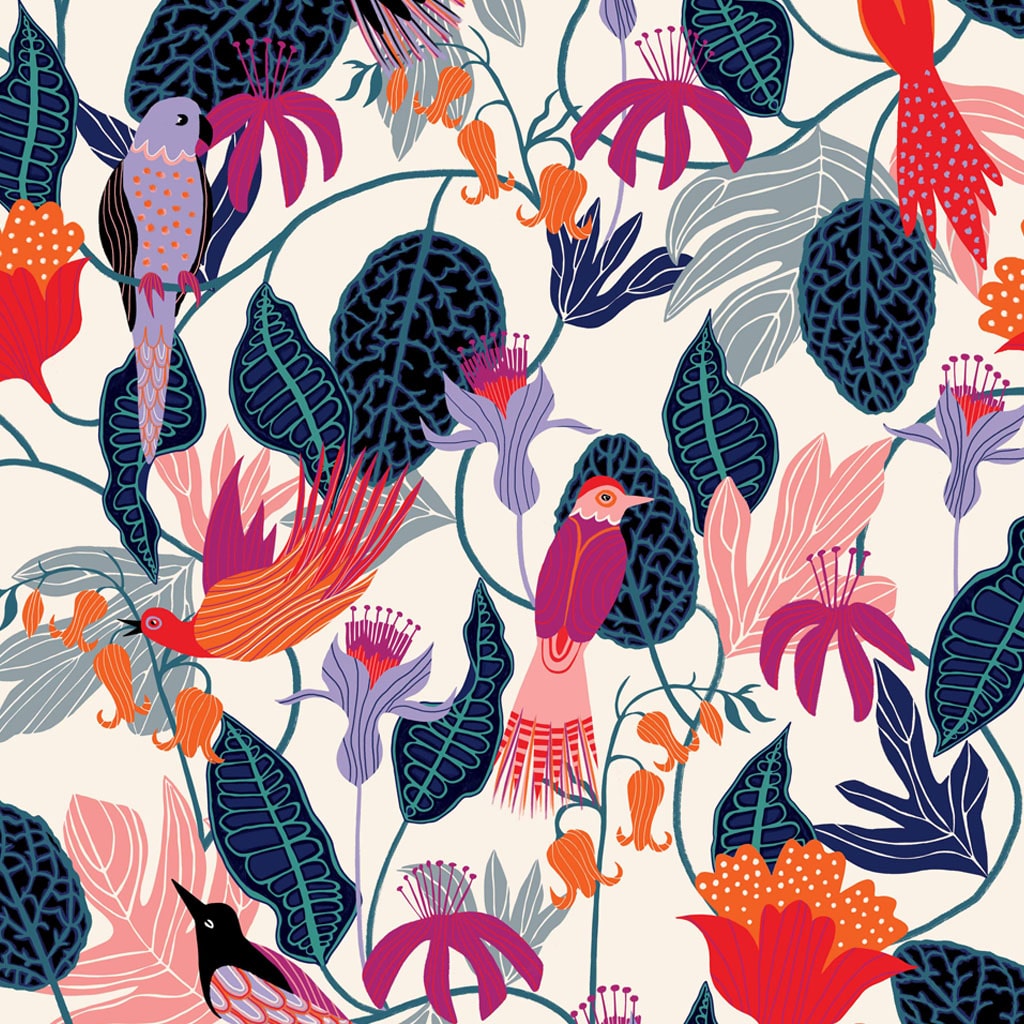 Fabric Tropical Jungle Birds on cream rayon viscose dressmaking fabric - Gardenier by Dashwood Studio