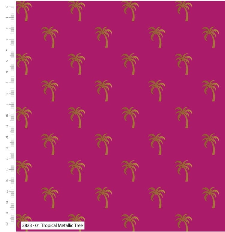Fabric Tropical Metallic Gold Palm Tree on Deep Pink 100% cotton fabric - CraftCottonCo