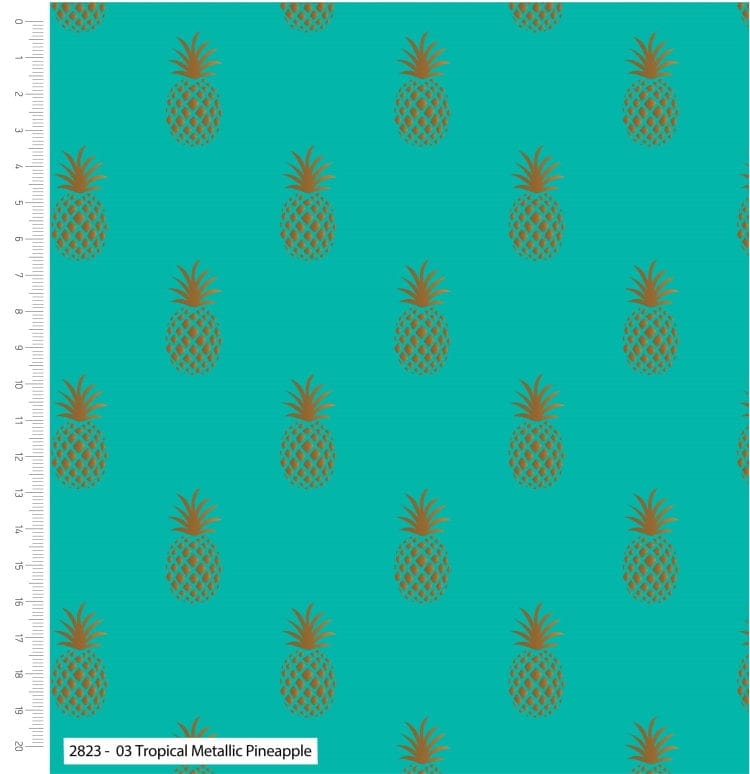 Fabric Tropical Metallic Gold Pineapple on Turquoise 100% cotton fabric - CraftCottonCo