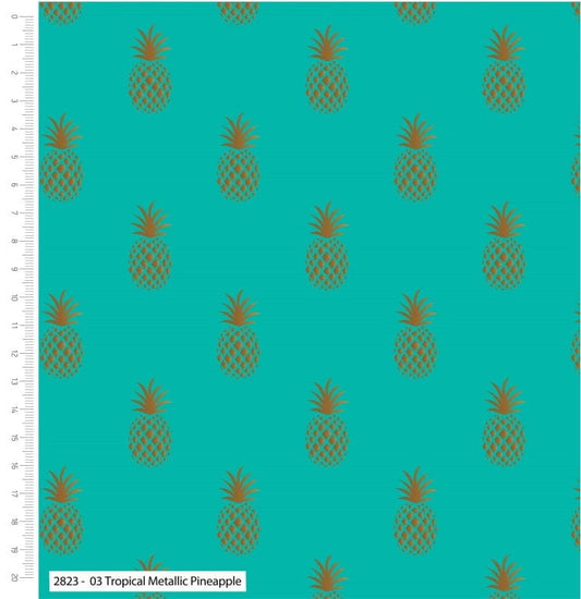 Fabric Tropical Metallic Gold Pineapple on Turquoise 100% cotton fabric - CraftCottonCo