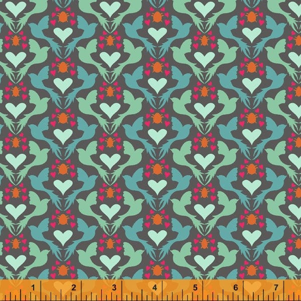 Fabric Turquoise birds on grey cotton fabric - Eden by Windham Fabrics