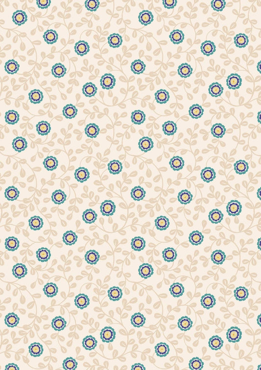 Fabric Turquoise Flowers on Cream 100% cotton fabric - Little Matryoshka by Lewis & Irene