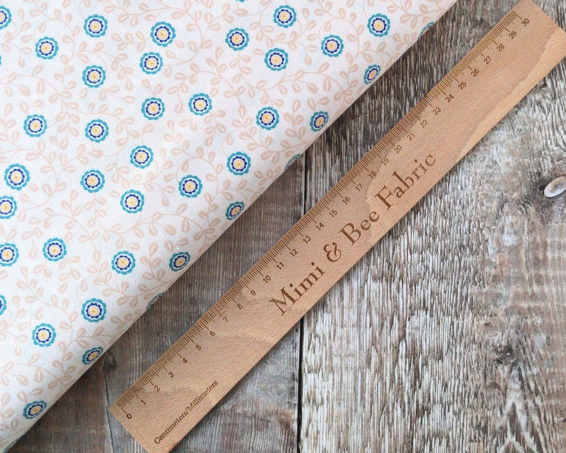 Fabric Turquoise Flowers on Cream 100% cotton fabric - Little Matryoshka by Lewis & Irene