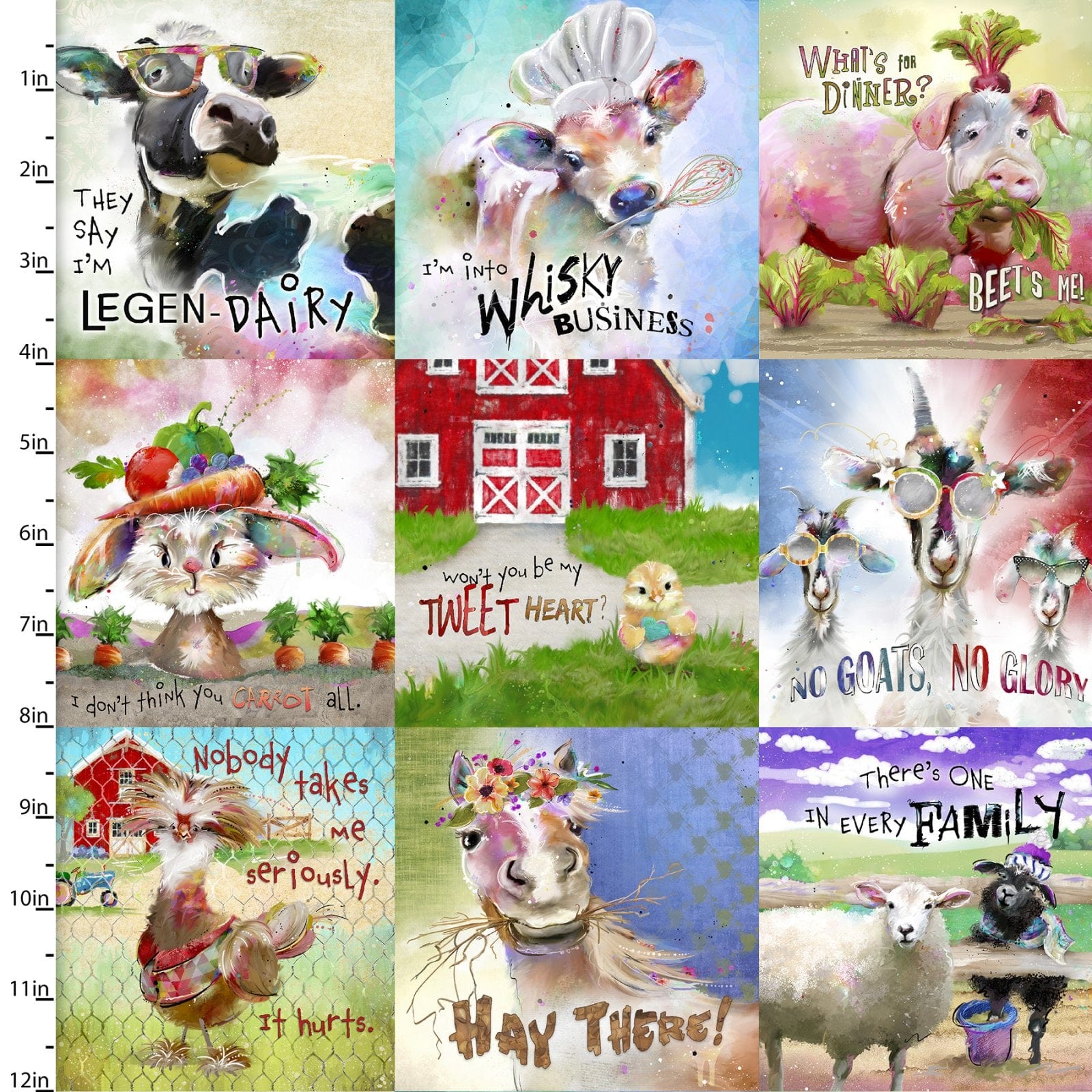 Fabric Turquoise Funny Farm Animals cotton fabric - 3 Wishes