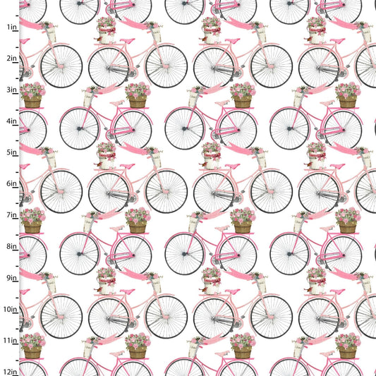 Fabric Vintage Bicycles on White 100% cotton fabric- Hugs Kisses by 3 Wishes