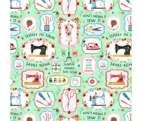 Fabric Vintage sewing on green cotton - 'A Stitch In Time' Michael Miller