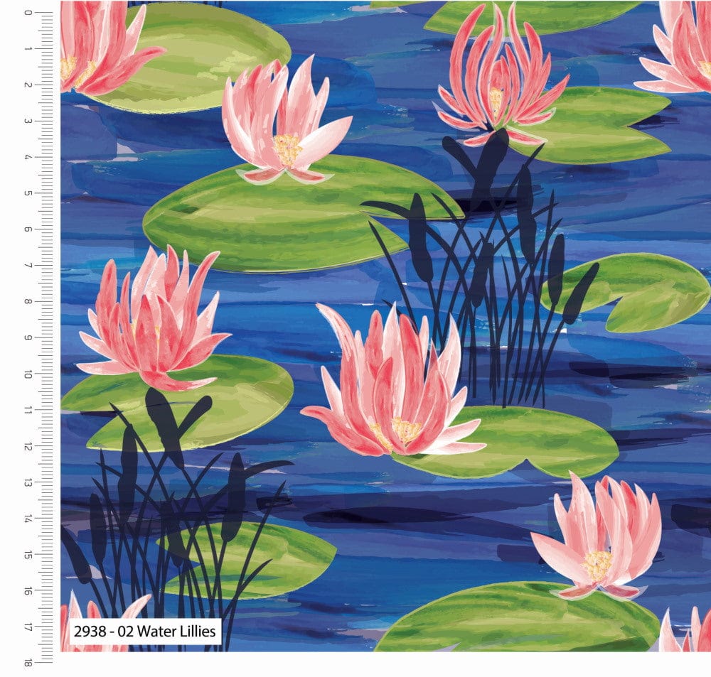 Fabric Water Lilies on blue cotton fabric - British Waterways - Craft Cotton Co