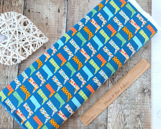 Fabric Wellington boots on blue cotton fabric - 'Walk in the Woods' Dashwood Studio