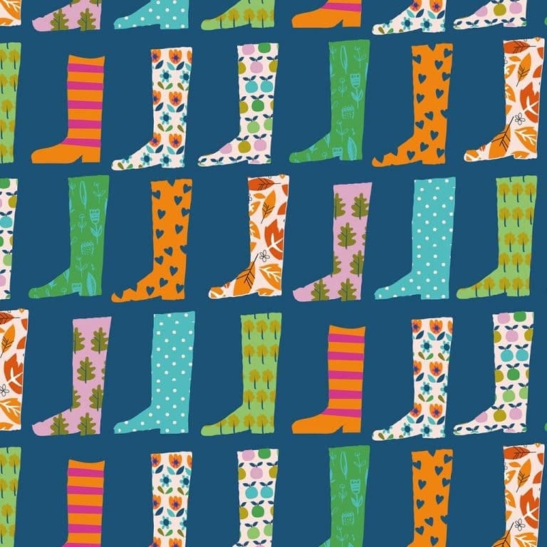 Fabric Wellington boots on blue cotton fabric - 'Walk in the Woods' Dashwood Studio
