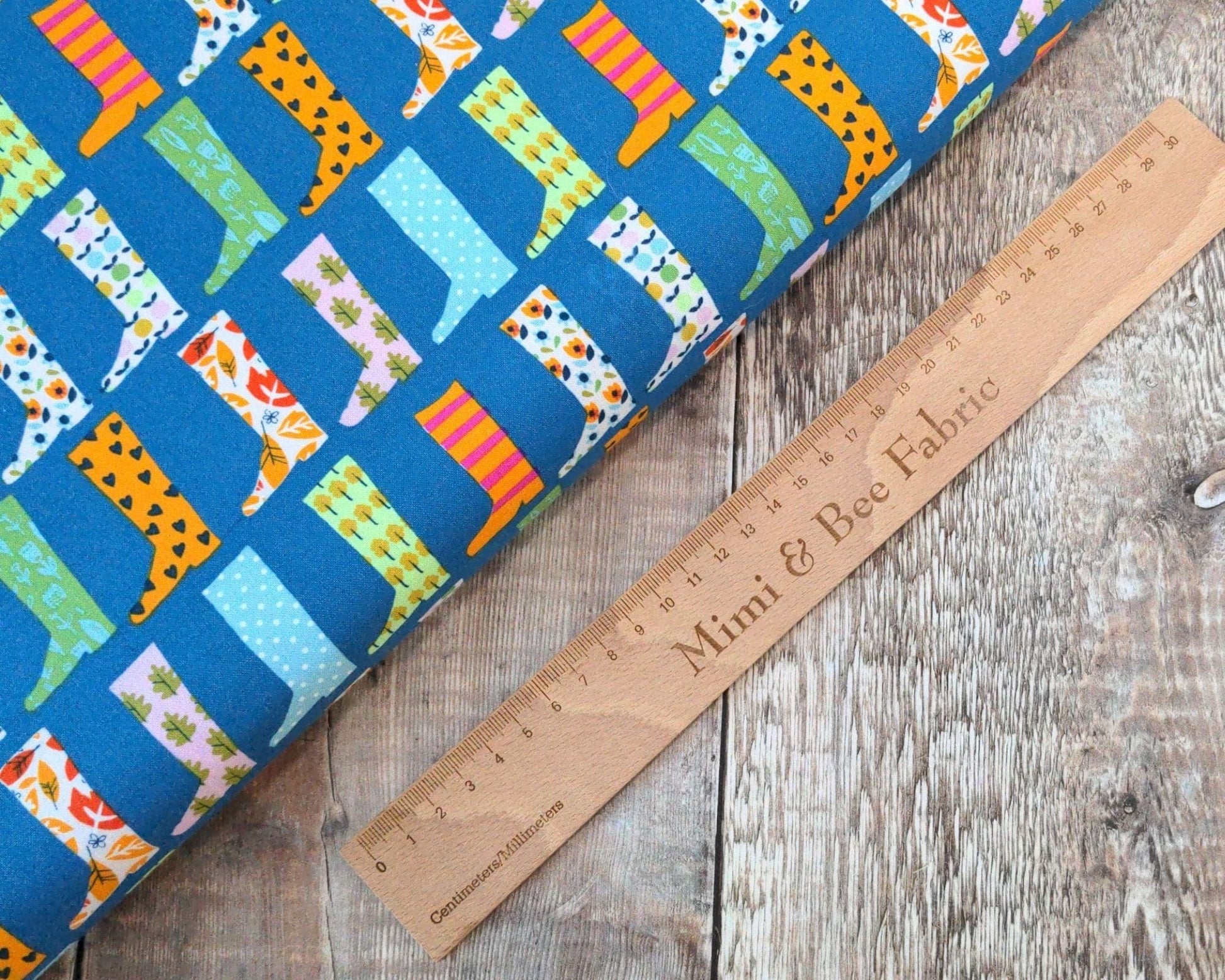 Fabric Wellington boots on blue cotton fabric - 'Walk in the Woods' Dashwood Studio